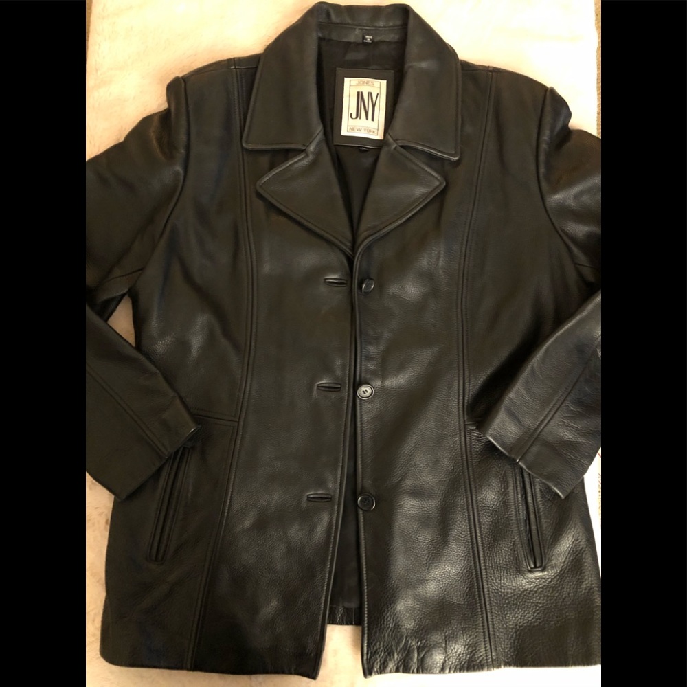 Black genuine leather Jones New York coat. In EUC